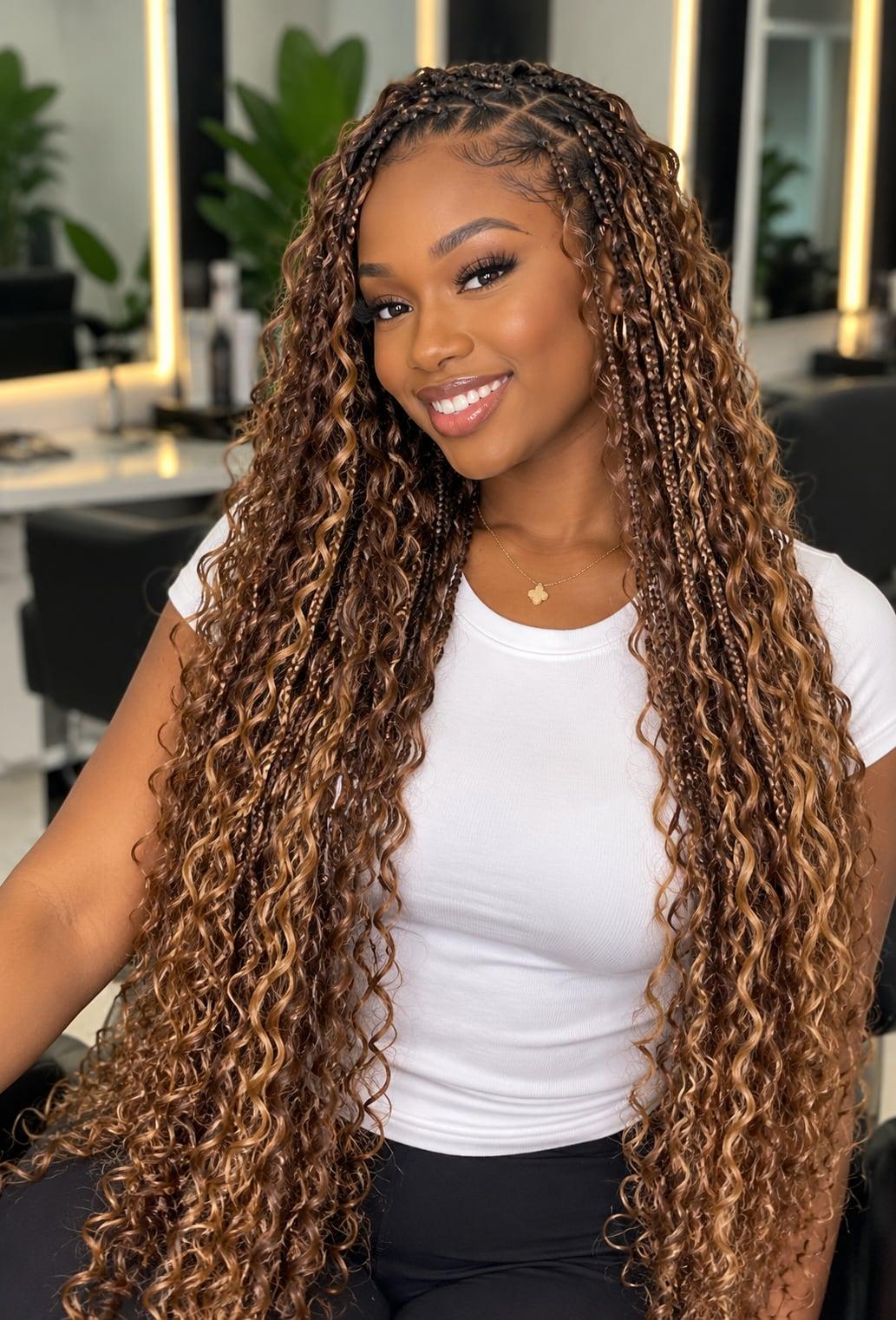 Long honey-brown bohemian braids with loose, curly strands