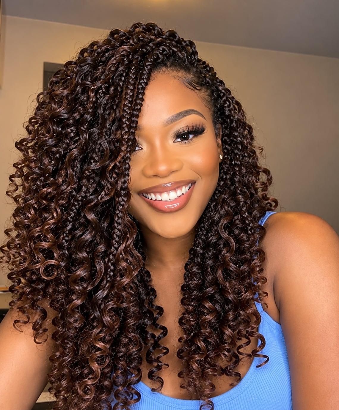 Long, voluminous curly crochet style in dark brown with face-framing braids