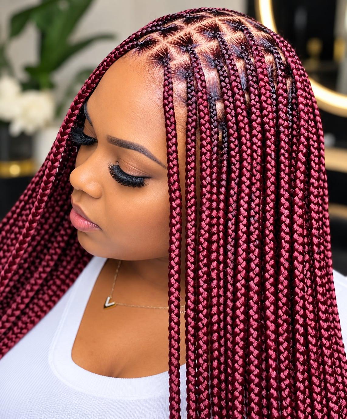 Long burgundy knotless braids with neat parts, shown in side profile