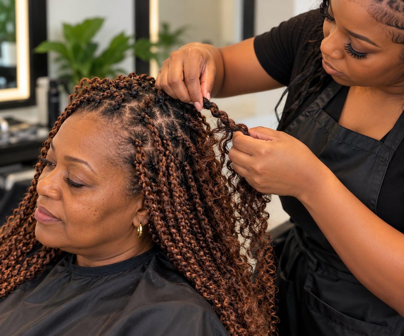 Stylist touching up a client's curly twist style in the salon